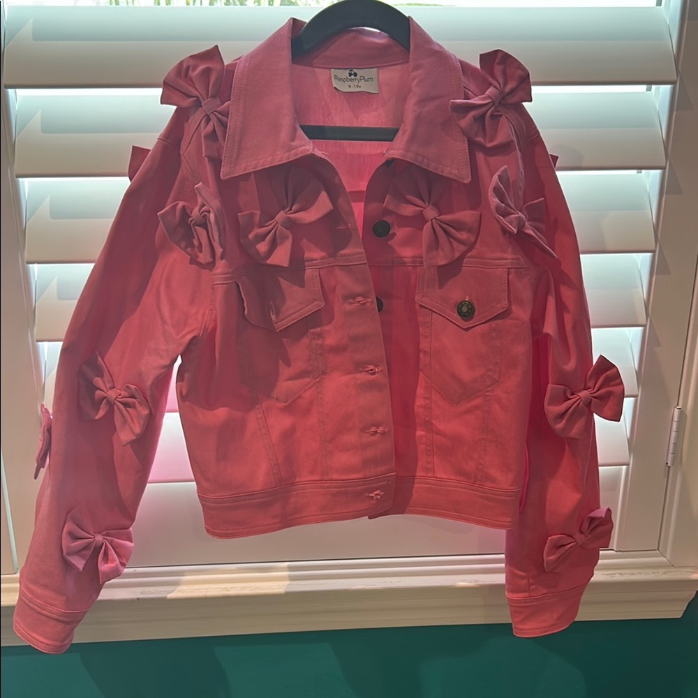 Coral Cropped Denim Jacket with Ruffled Shoulders